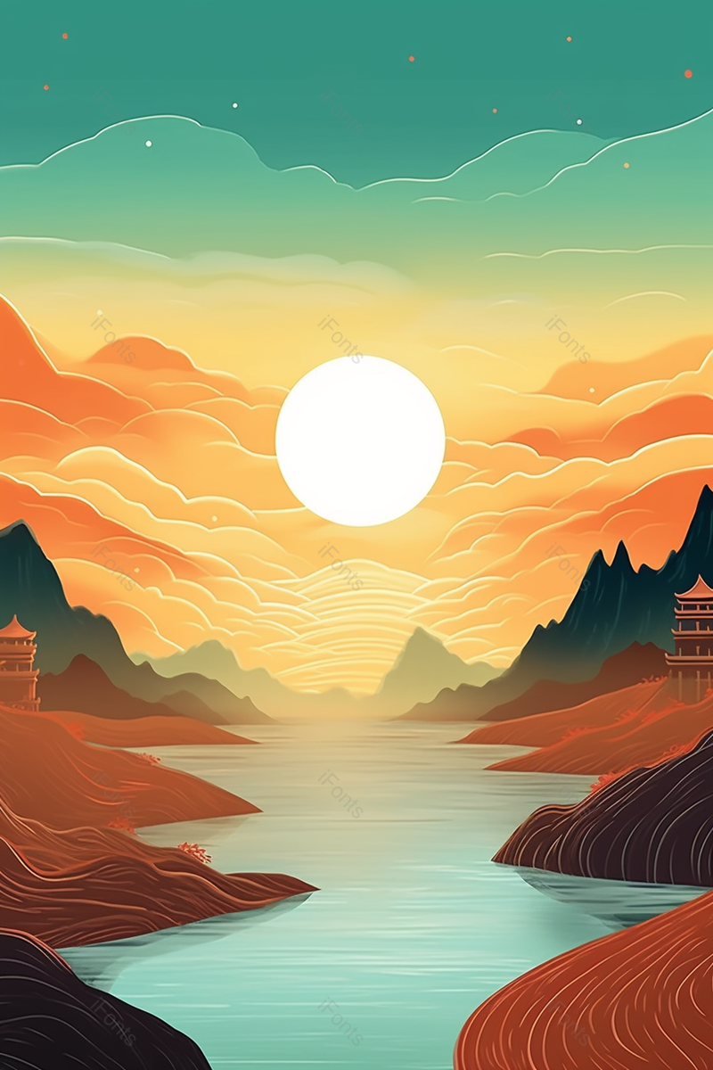 河流两岸山脉风景,插画/手绘图,插画/手绘图库,插画/手绘图下载,插画/手绘
